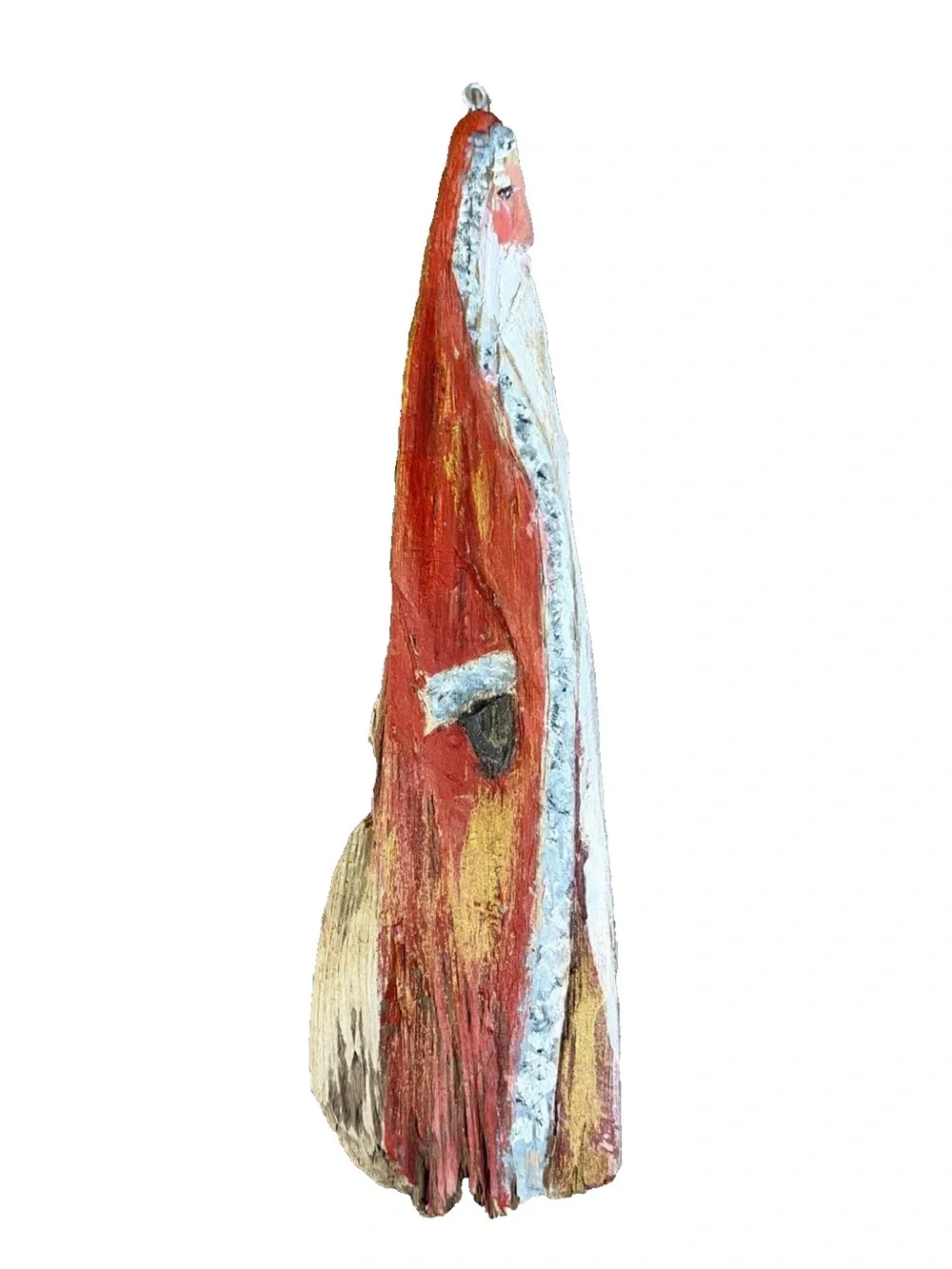 Vintage Hand Painted Folk Art Driftwood Santa Wood Rustic Ornament 8.5